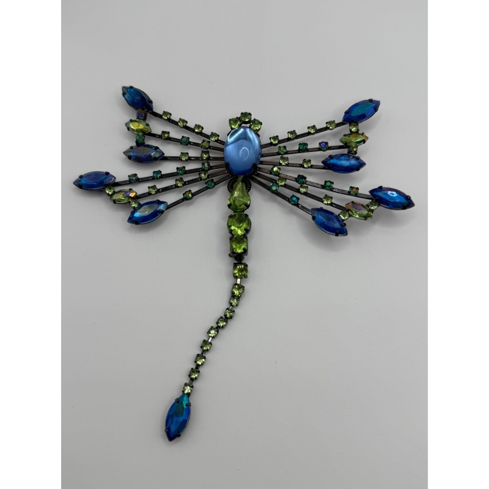 Avon Dragonfly Brooch Pin Gunmetal AB Blue Green Rhinestones Articulated Tail